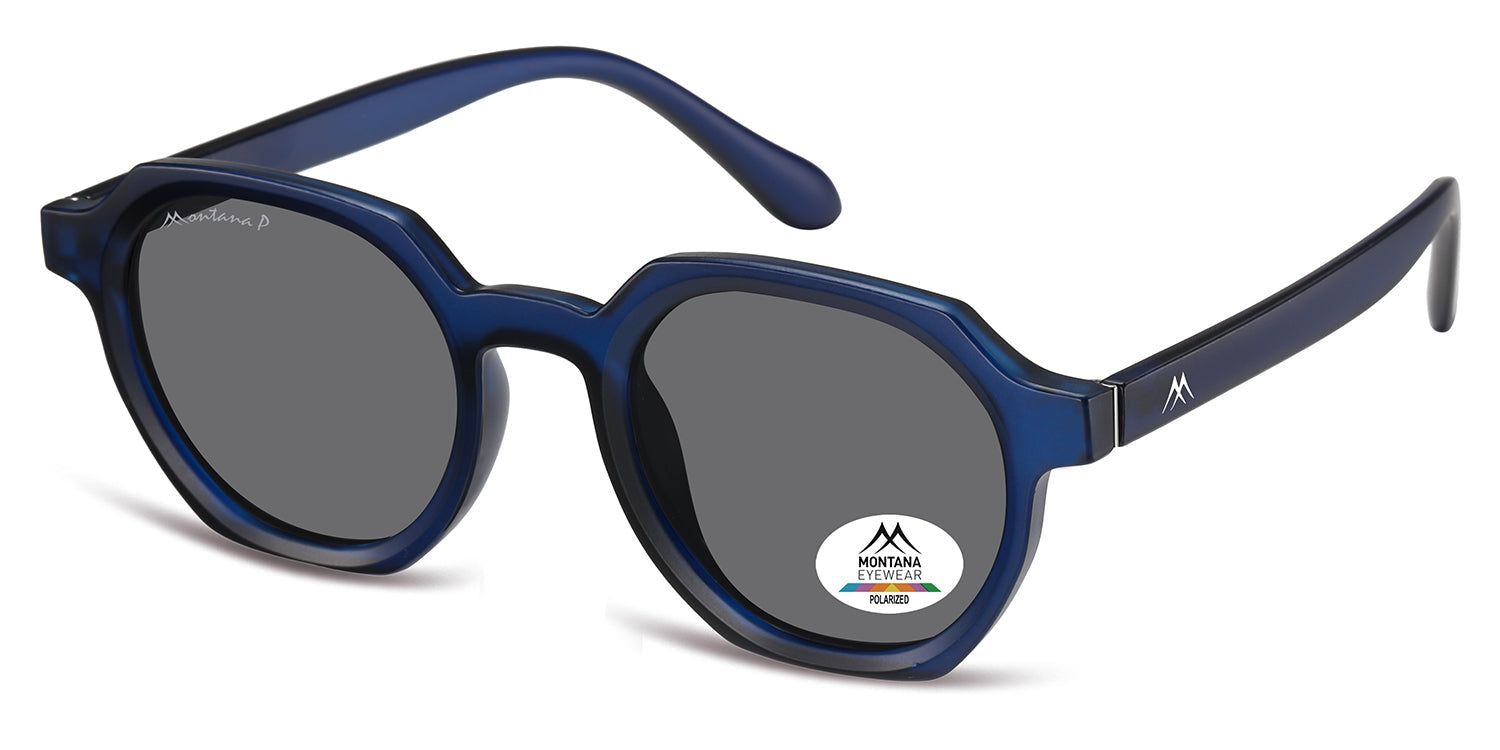 Lunettes de soleil bleues, forme angulaire, verres gris. Logo Montana Eyewear sur la lentille et la branche. Verres polarisés.