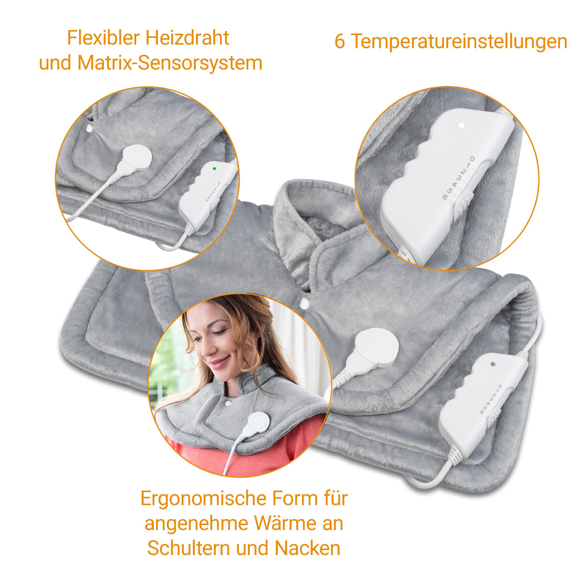Coussin chauffant gris avec détails : fils chauffants flexibles, 6 températures, forme ergonomique.