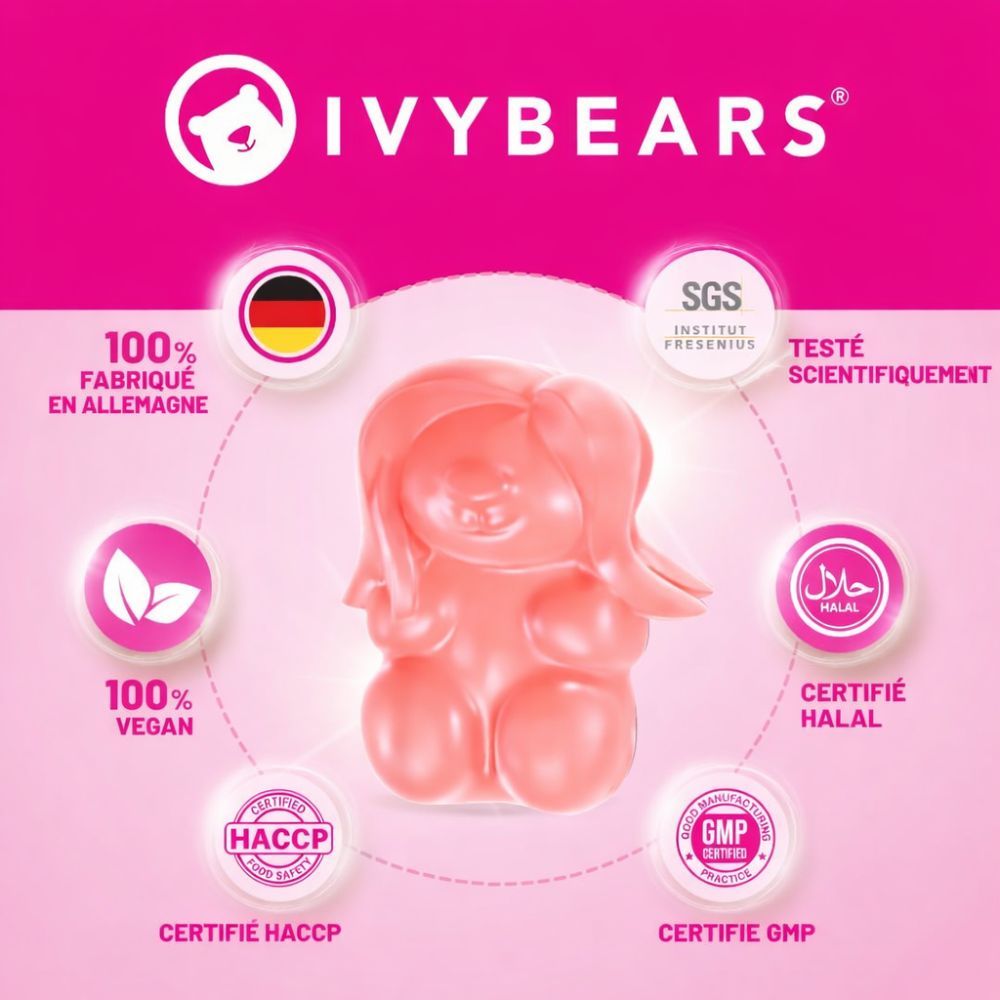 Bonbons gélifiés roses avec logo et certifications. Texte : 100% Fabriqué en Allemagne, 100% Vegan, Halal.