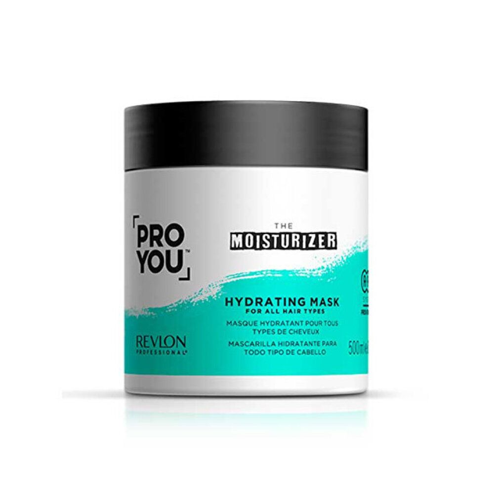 Pot blanc, couvercle noir. Inscription: PRO YOU, THE MOISTURIZER, HYDRATING MASK. Fond turquoise. 500ml.