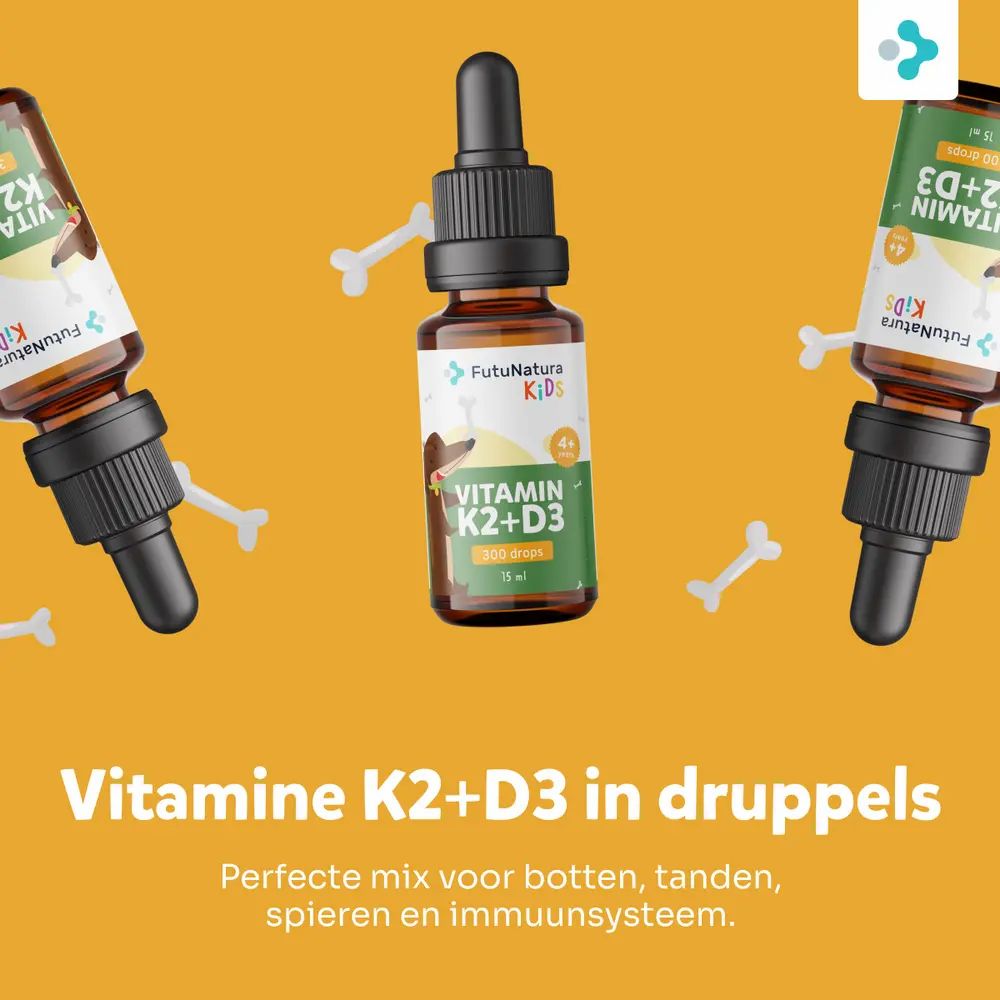 Meerdere flessen met druppelaar en botillustraties. Opschrift: Vitamine K2+D3 in druppels. Perfecte mix voor botten, tanden, spieren.