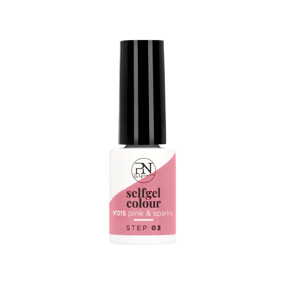 Flacon de vernis à ongles noir et blanc. Inscription: PN Selfgel Colour N°015 pink & sparkly. Étape 03.