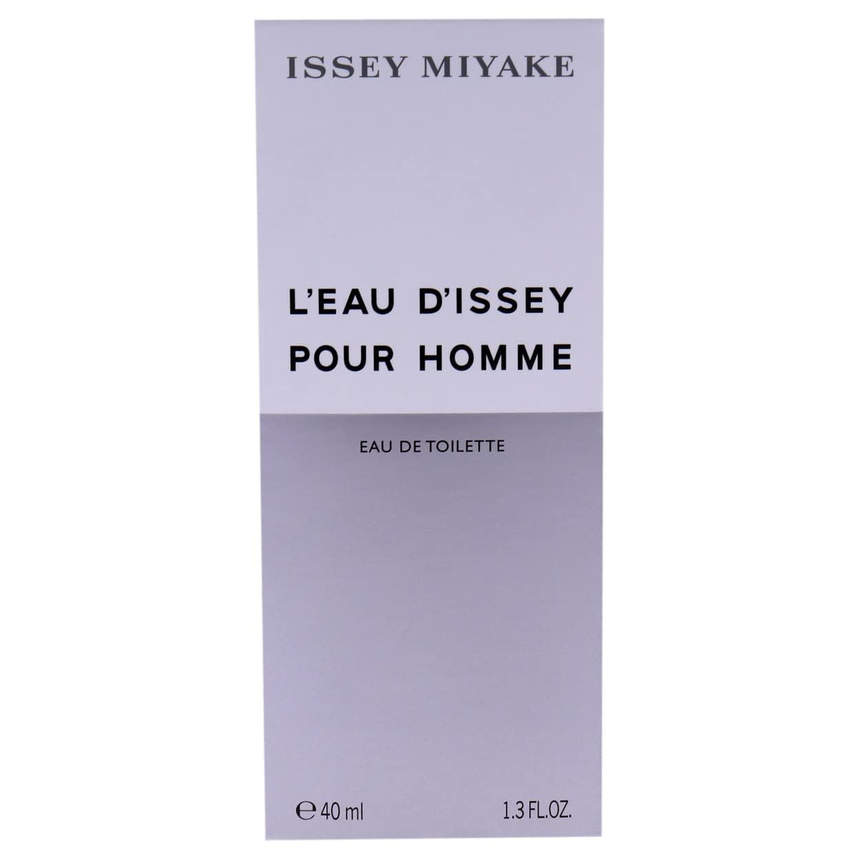 Verpakking. Wit-paars. Opschrift: L'EAU D'ISSEY POUR HOMME en ISSEY MIYAKE. Tekst: Eau de Toilette, 40 ml, 1.3 fl.oz.