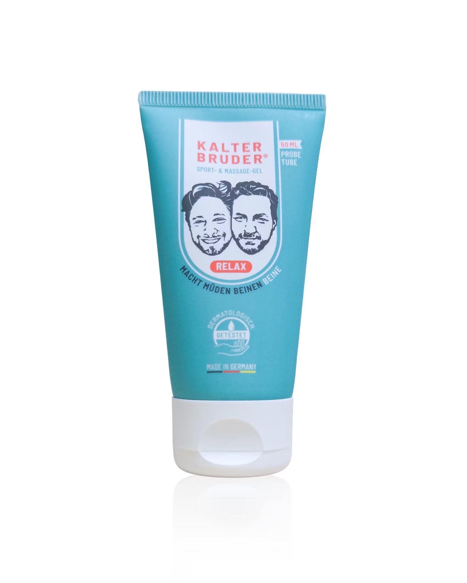 Turquoise tube met witte klapdop, opschrift "Kalter Bruder Relax".