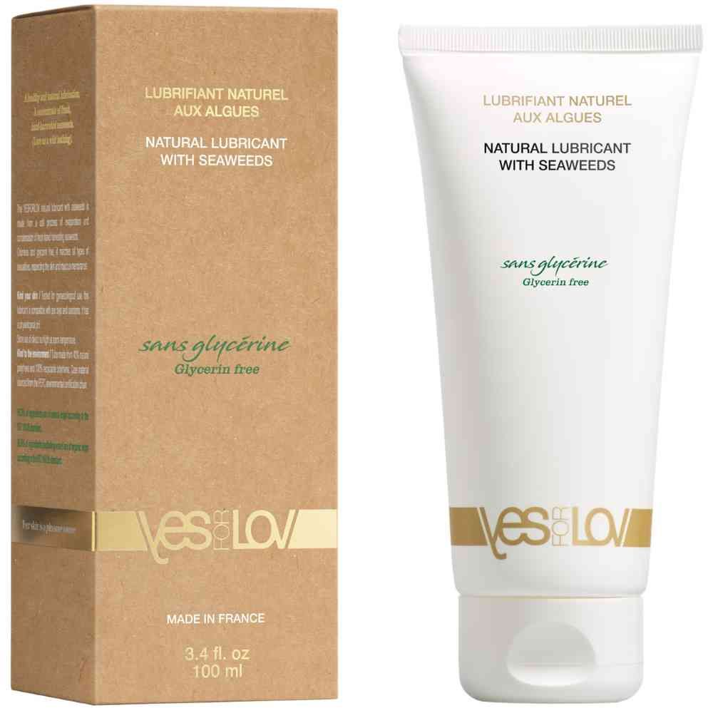 Produit et emballage. Tube et carton. Inscription: Natural Lubricant with Seaweeds, sans glycerine. Marque: YESforLOV.