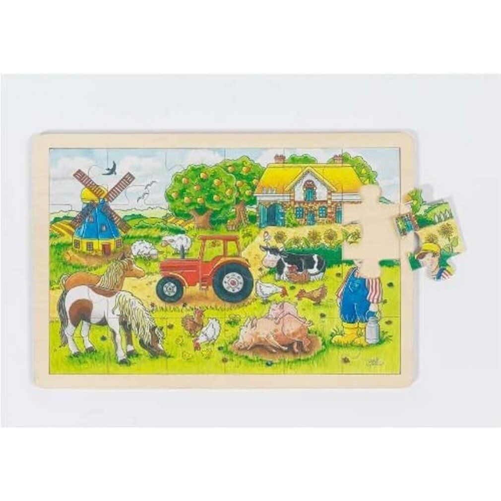 Puzzle 'La fattoria di Mr Miller' de 24 pièces. Cadre en bois, scène de ferme avec animaux, tracteur et maison. Pièces manquantes.