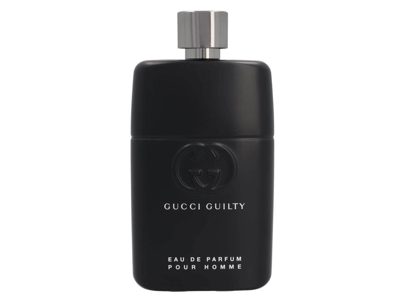 Zwarte fles. Gucci Guilty Pour Homme Eau de Parfum. Logo en tekst. Zilveren dop.