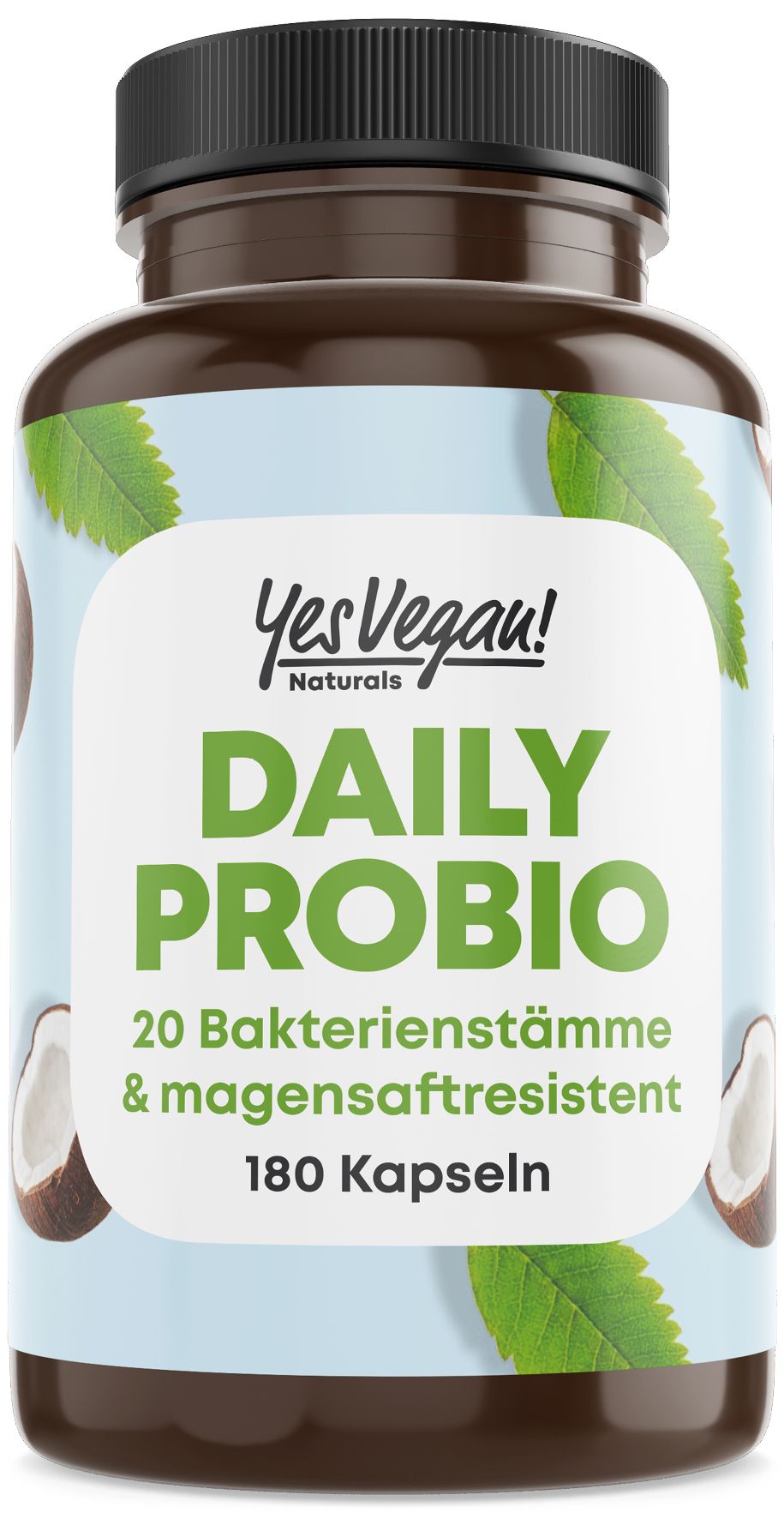 Bruine pot met Daily Probio capsules, 180 stuks. Met kokosnoot- en bladmotieven.