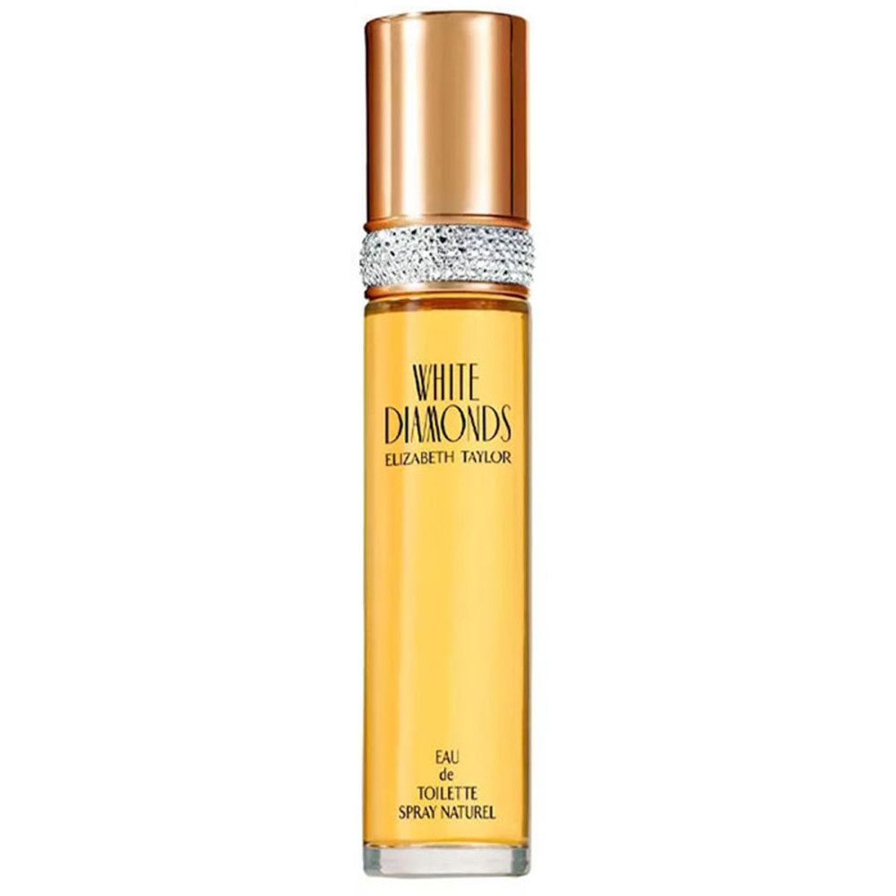 Flacon de parfum avec bouchon doré et bande de strass. Nom du produit et marque sur le flacon.