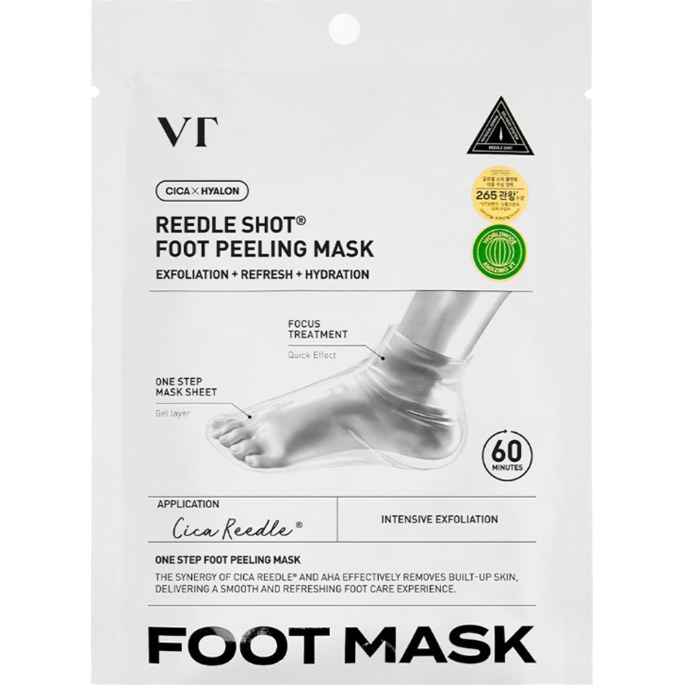 Verpakking voor voetmasker. Opschrift "REEDLE SHOT", "FOOT MASK" en "VT". Met illustratie van een voet.