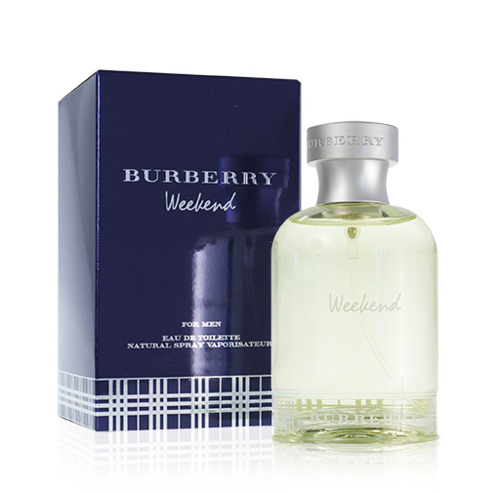 Burberry Weekend fles en verpakking. Fles met zilveren dop, blauwe verpakking met 'Burberry Weekend'.
