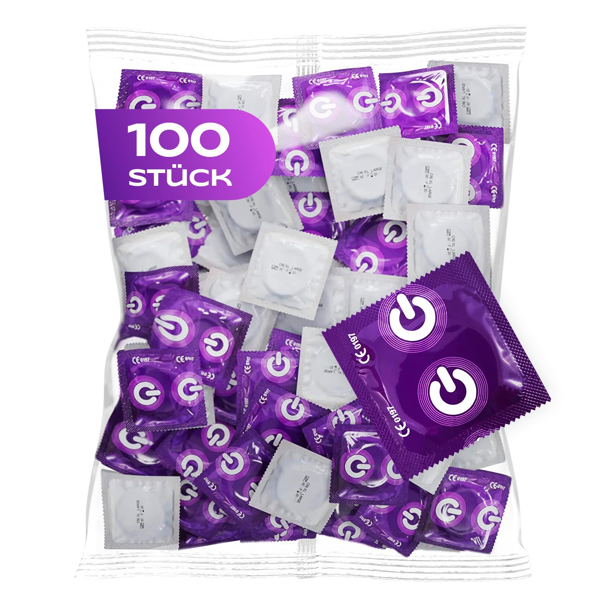 Zak met 100 condooms, individueel verpakt in paars en wit, met aan/uit-knop logo.