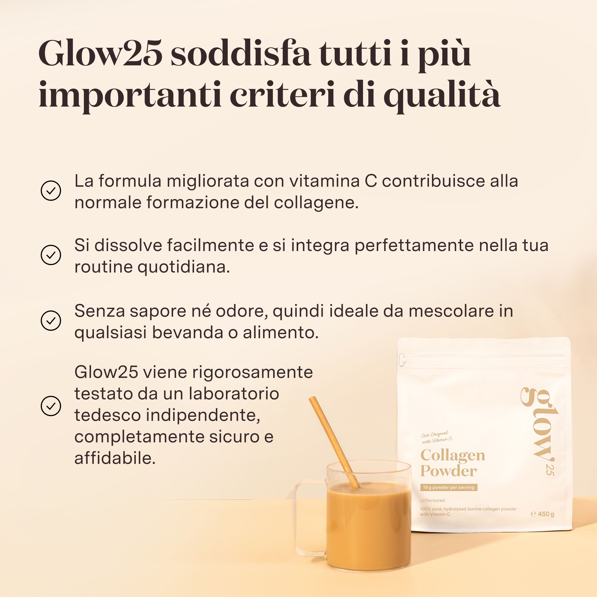 Verre avec boisson et paille. Sachet de Glow25 Collagen Powder. Texte sur la qualité.