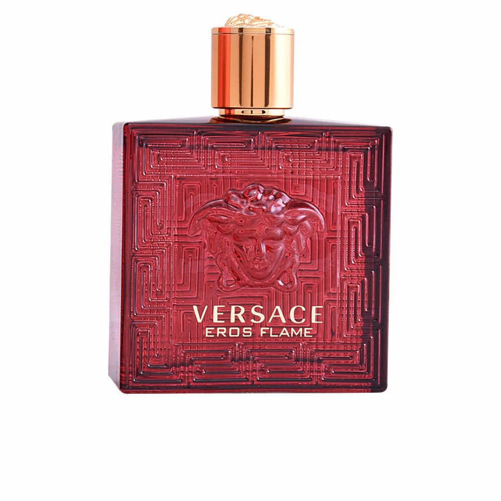 Versace Eros Flame Eau de Parfum fles met Medusa-hoofd en gouden dop.