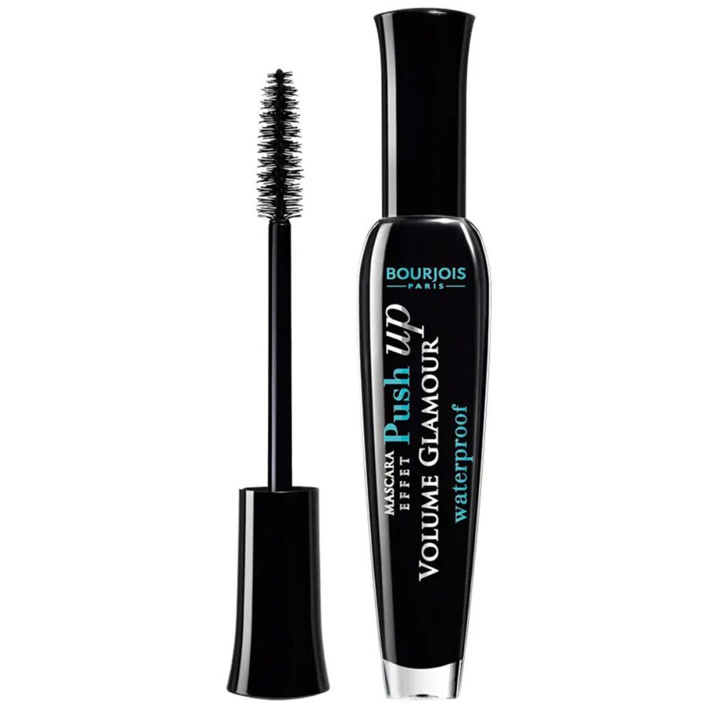 Zwarte mascara tube en borstel. Opschrift Bourjois Push up Volume Glamour Waterproof.