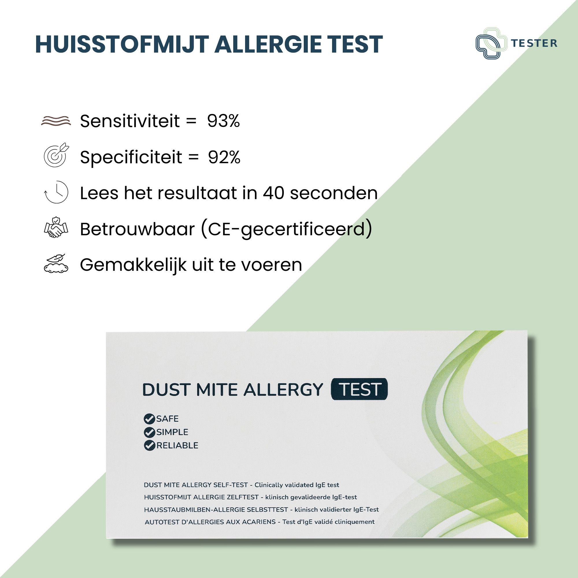 Grafiek met tekst: HAUSSTAUBMILT ALLERGIE TEST. Gevoeligheid 93%, specificiteit 92%. Resultaat in 40 seconden. CE-gecertificeerd. Productverpakking onder.