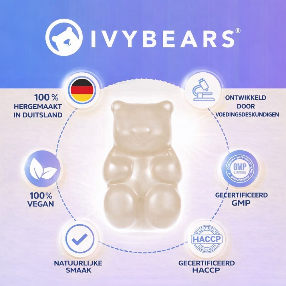 Een enkele, lichte gummybeer. Cirkelvormige infographic met logo's en tekst: 100% vegan, GMP-gecertificeerd, etc.
