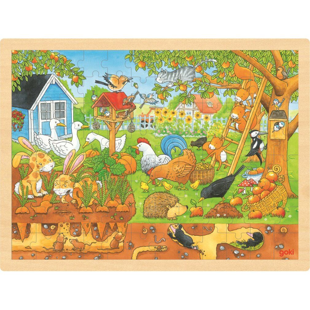 Houten puzzel met tuinmotief. Rechthoekige vorm, kader. Dieren en planten in scène gezet. Goki-logo rechtsonder.
