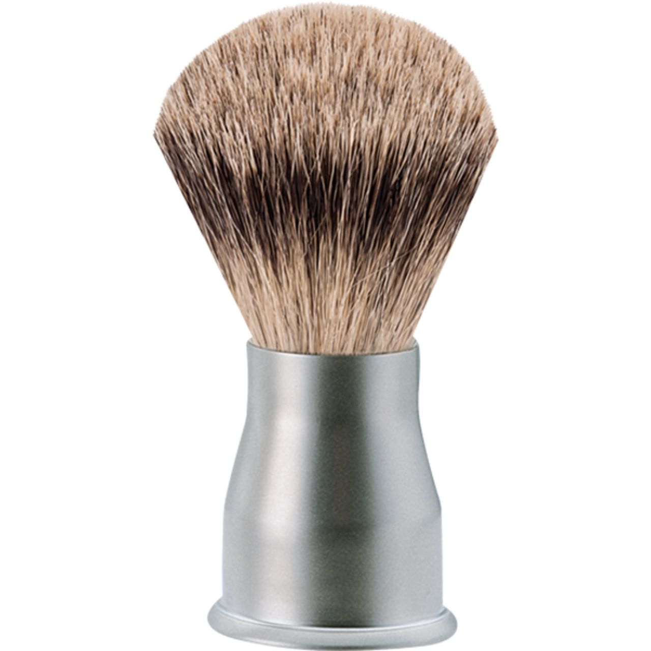 Rasoir avec manche argenté et poils brun clair.