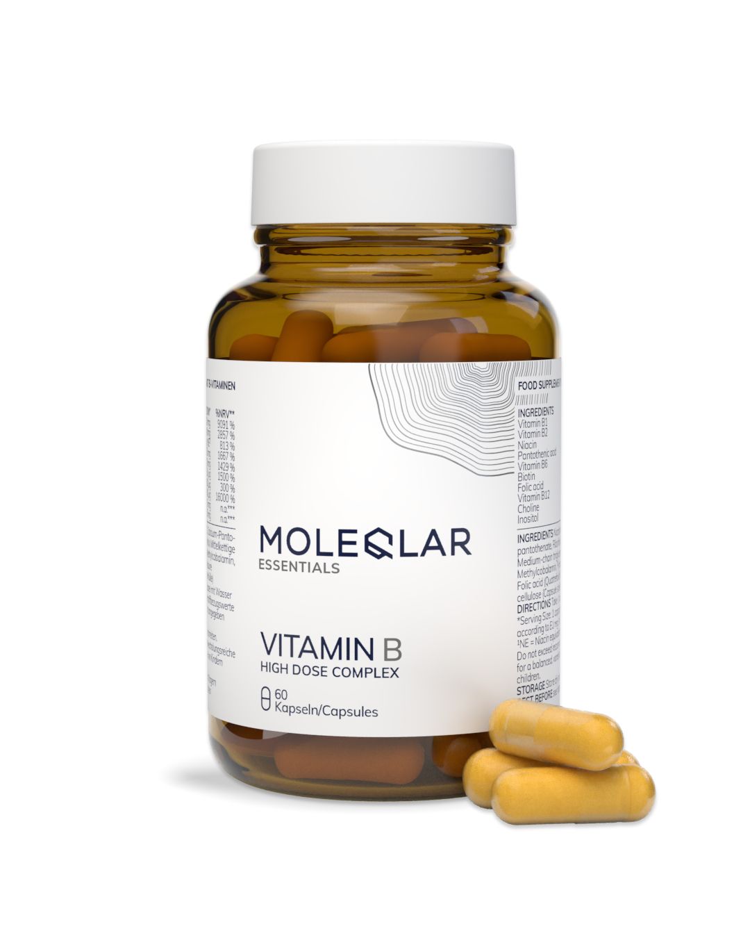 Flacon en verre brun avec bouchon blanc, contenant des capsules de vitamine B. Contient 60 capsules.