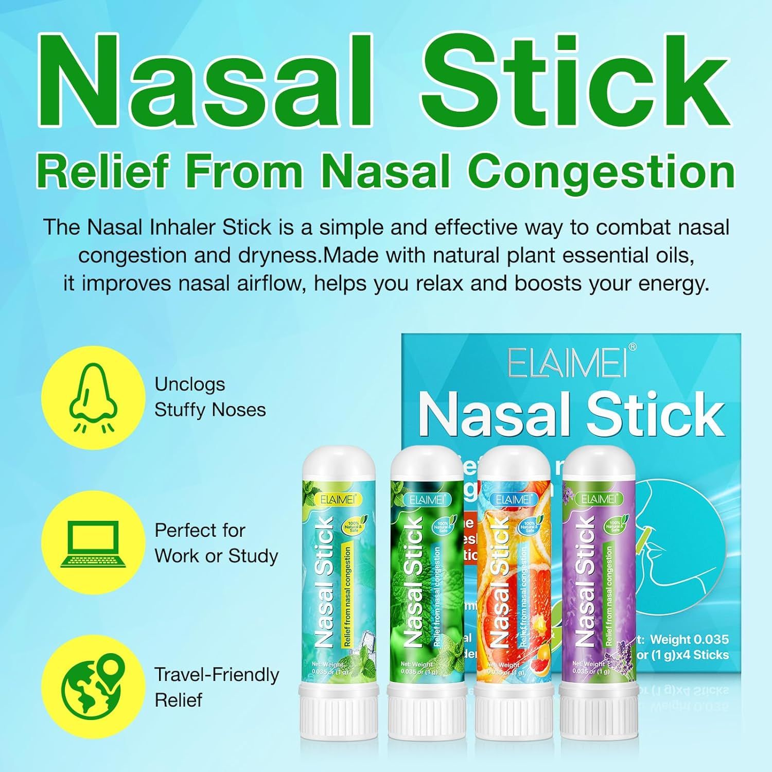 Quatre inhalateurs nasaux dans une boîte. Les bâtons sont blancs et imprimés en couleur. La boîte indique 'Nasal Stick'.