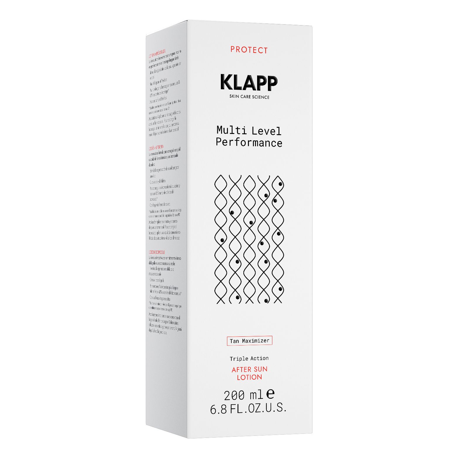 Verpakking met KLAPP, Multi Level Performance, Tan Maximizer, After Sun Lotion. 200 ml. Bescherming.