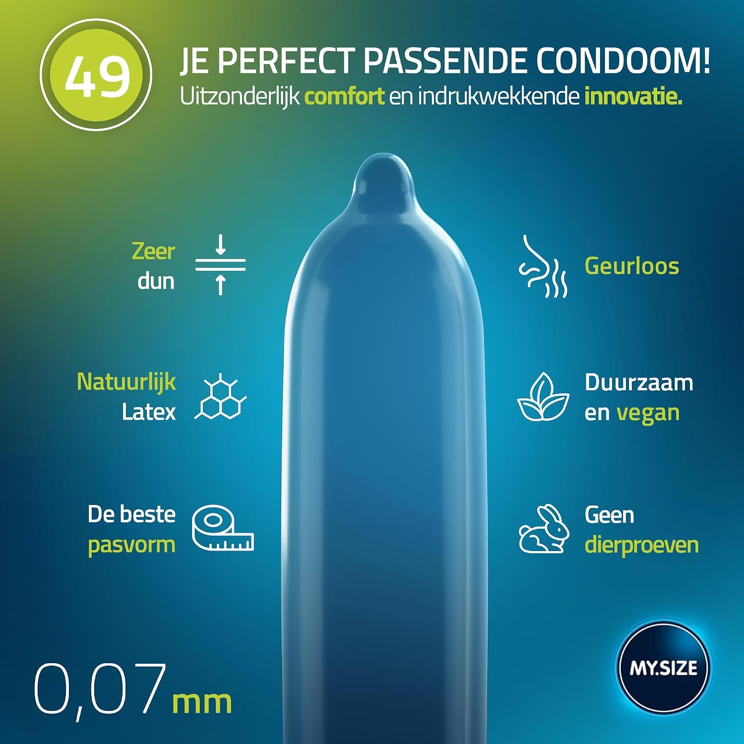 MY.SIZE Classic Condoms 36 stuks, 49mm. Doos en individuele verpakkingen, stel op de achtergrond.