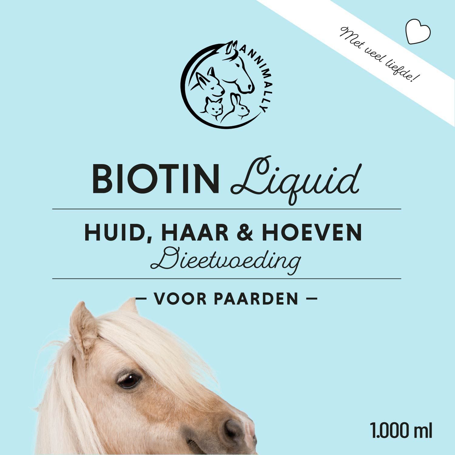 Fles Annimally Biotin Liquid. Etiket met productnaam, logo en tekst. 1000 ml. Optimale verzorging voor huid, vacht & hoeven.
