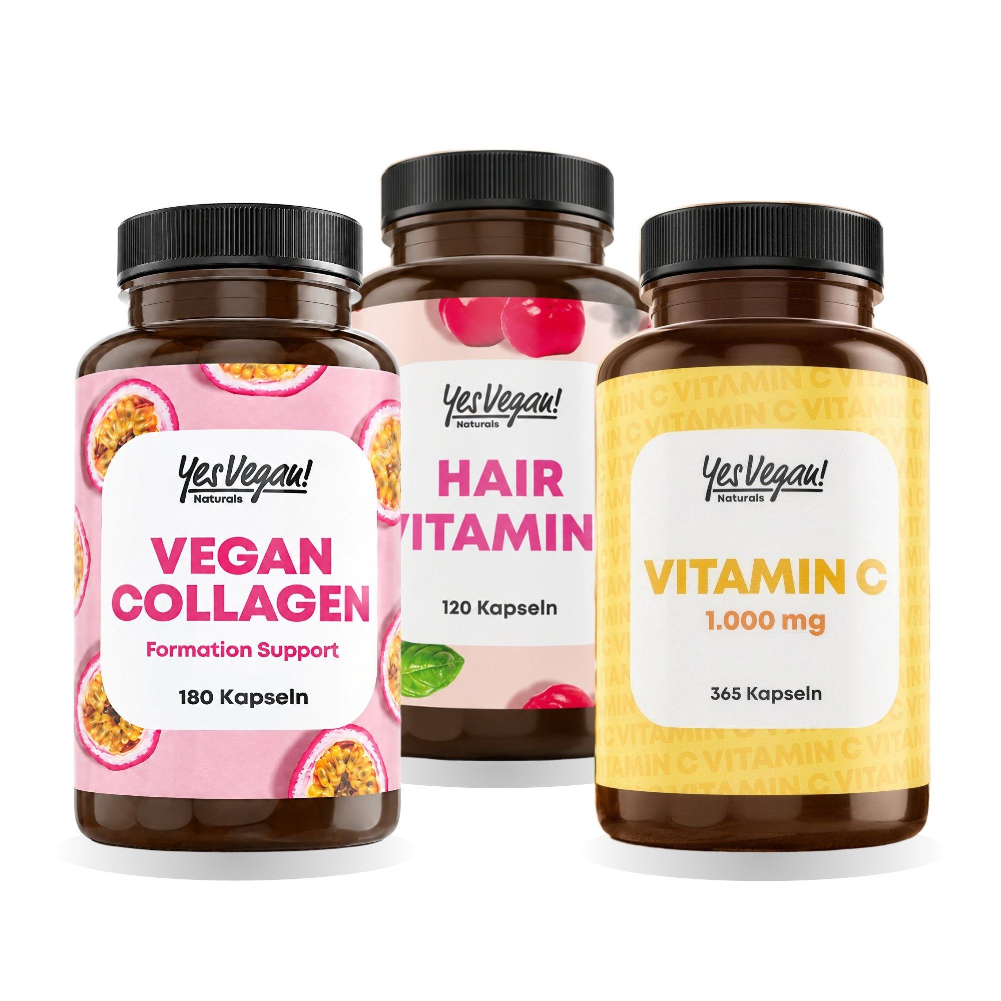 Drie flessen voedingssupplementen: Vegan Collagen, Hair Vitamin, Vitamine C.