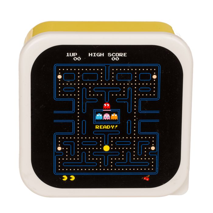 Gele brooddoos met Pac-Man-spelmotief. Deksel met spelontwerp, Pac-Man en geesten.