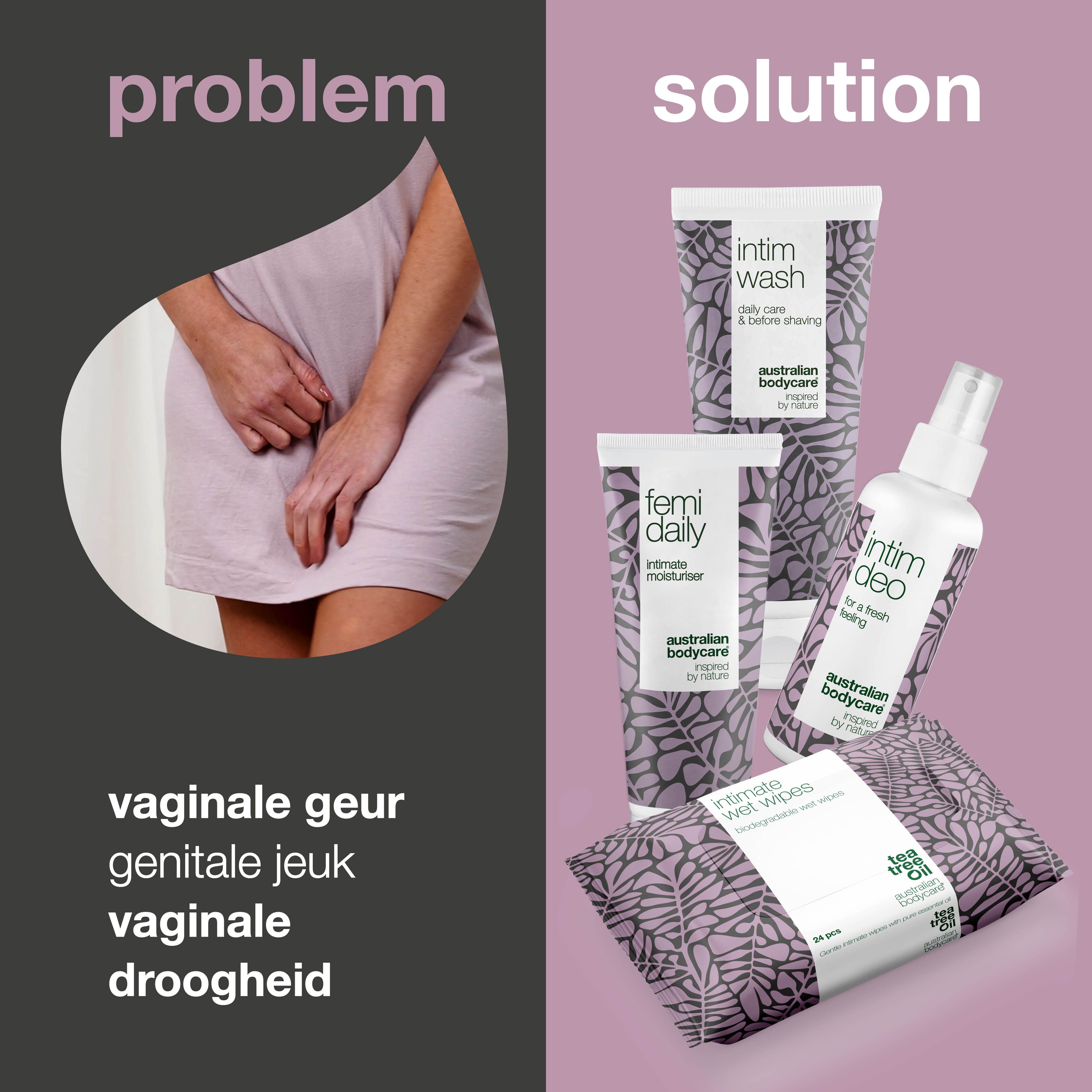 Set intieme verzorgingsproducten. Tekst: Ik had problemen met geurtjes en deze set heeft me geholpen. 5 sterren beoordeling.