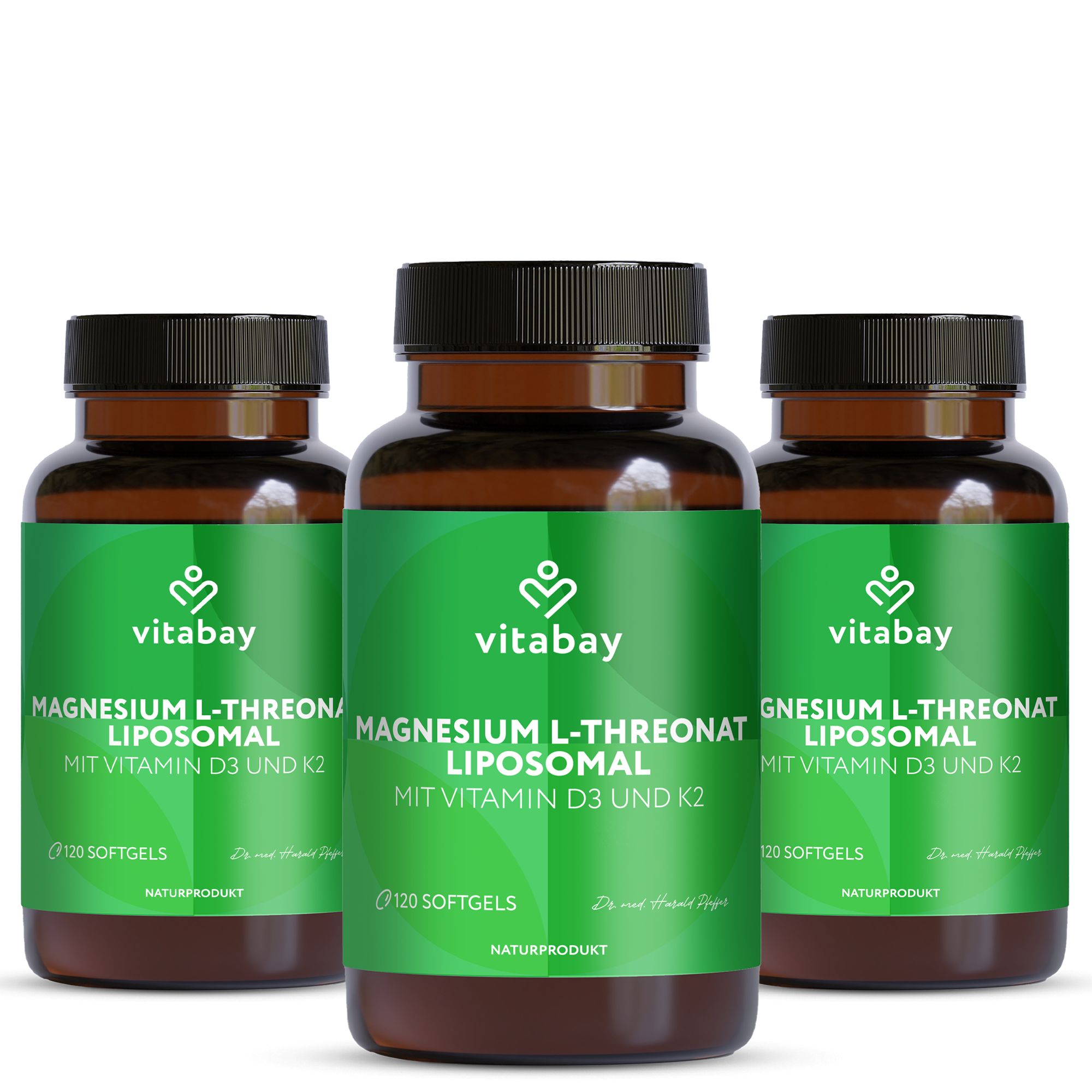 Trois flacons en verre brun avec des étiquettes vertes. Inscription : Magnesium L-Threonat Liposomal, Vitamine D3 et K2. 120 gélules.