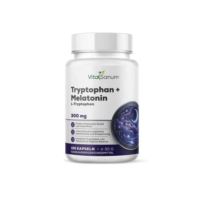 VitaSanum L-Tryptofaan + Melatonine capsules: 100 capsules met 300 mg L-Tryptofaan en 1 mg Melatonine. Bevordert slaap en innerlijke rust.