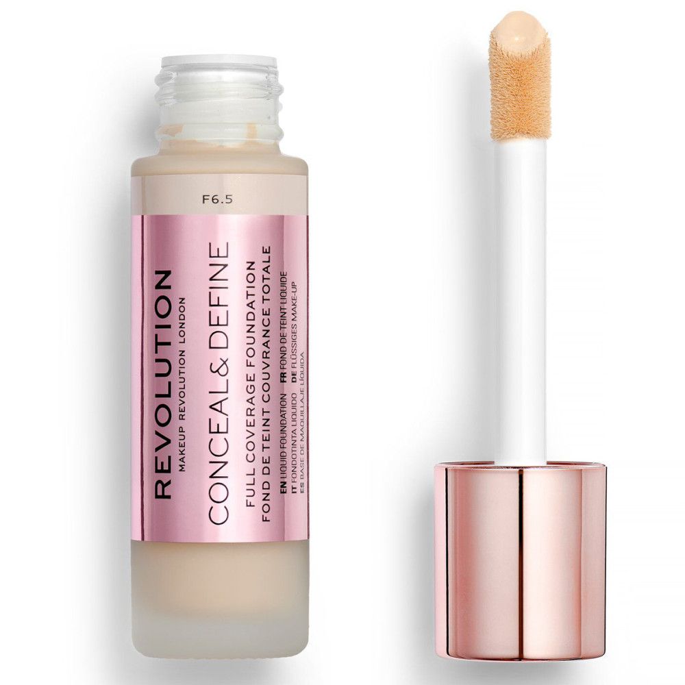 Foundationflesje met applicator. Roze etiket met tekst: Conceal & Define, Full Coverage Foundation. Tint F6.5. Dop en applicator roségoud.