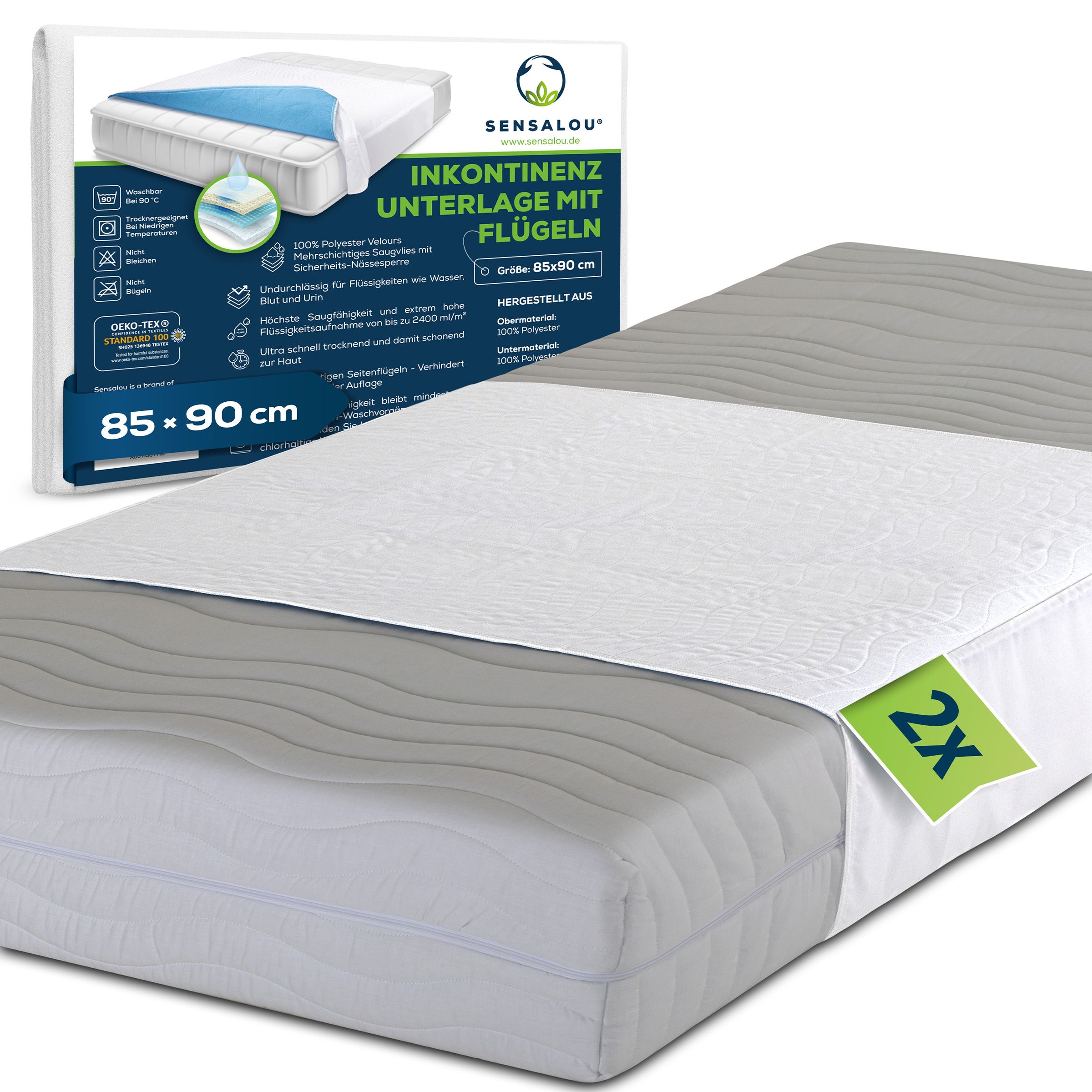 Emballage du produit : alèse avec ailettes, 85x90 cm. Produit sur un lit. Emballage avec informations sur le produit.