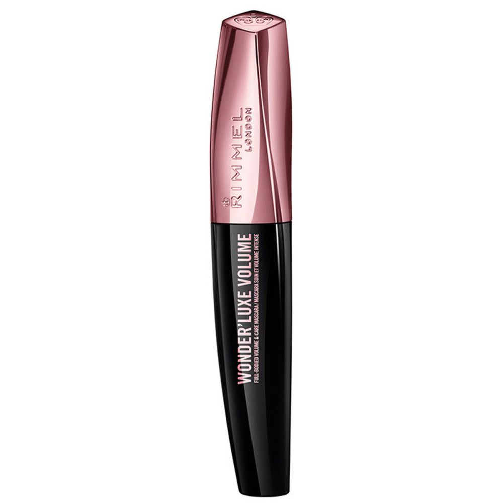 Zwarte mascara tube met roze gouden dop. Tekst: Wonder'luxe Volume, Rimmel London.