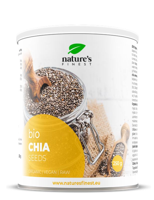 Boîte Nature's Finest Bio Chia Seeds avec cuillère et graines de lin, 250g.