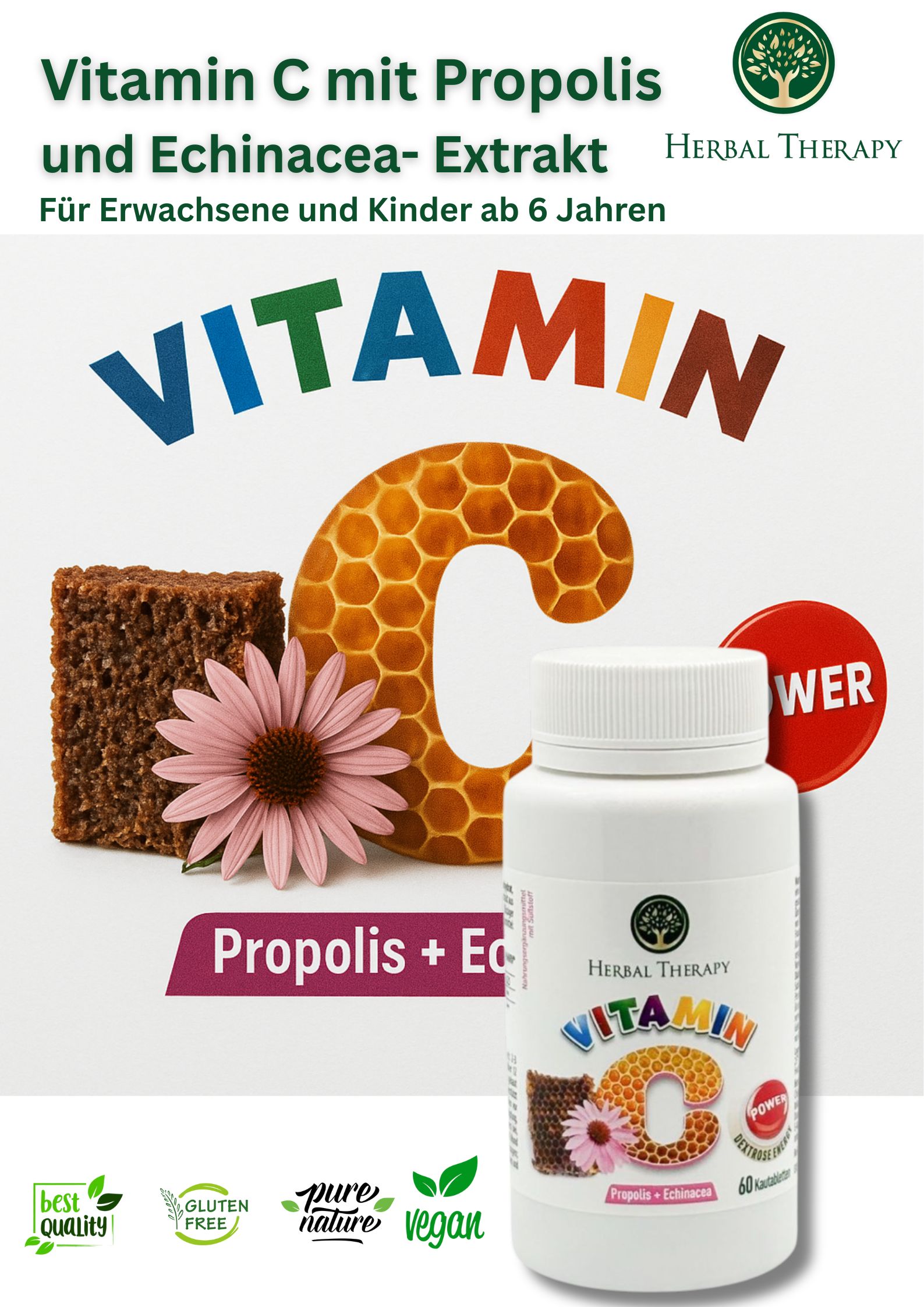 Image publicitaire avec flacon Herbal Therapy Vitamine C, Propolis + Echinacea. Texte: Vitamine C avec extrait de Propolis et Echinacea.