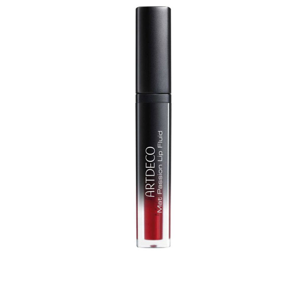 Lipfluid fles. Zwarte dop, transparante fles. Opschrift: ARTDECO Mat Passion Lip Fluid.