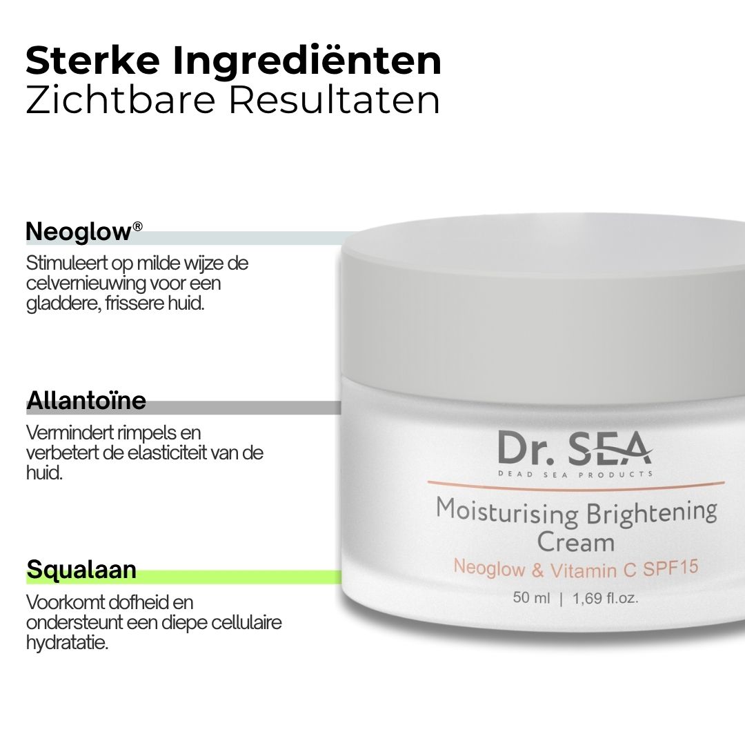 Crèmepot met tekst. Tekst: Sterke ingrediënten, zichtbare resultaten. Dr. SEA, Moisturising Brightening Cream.