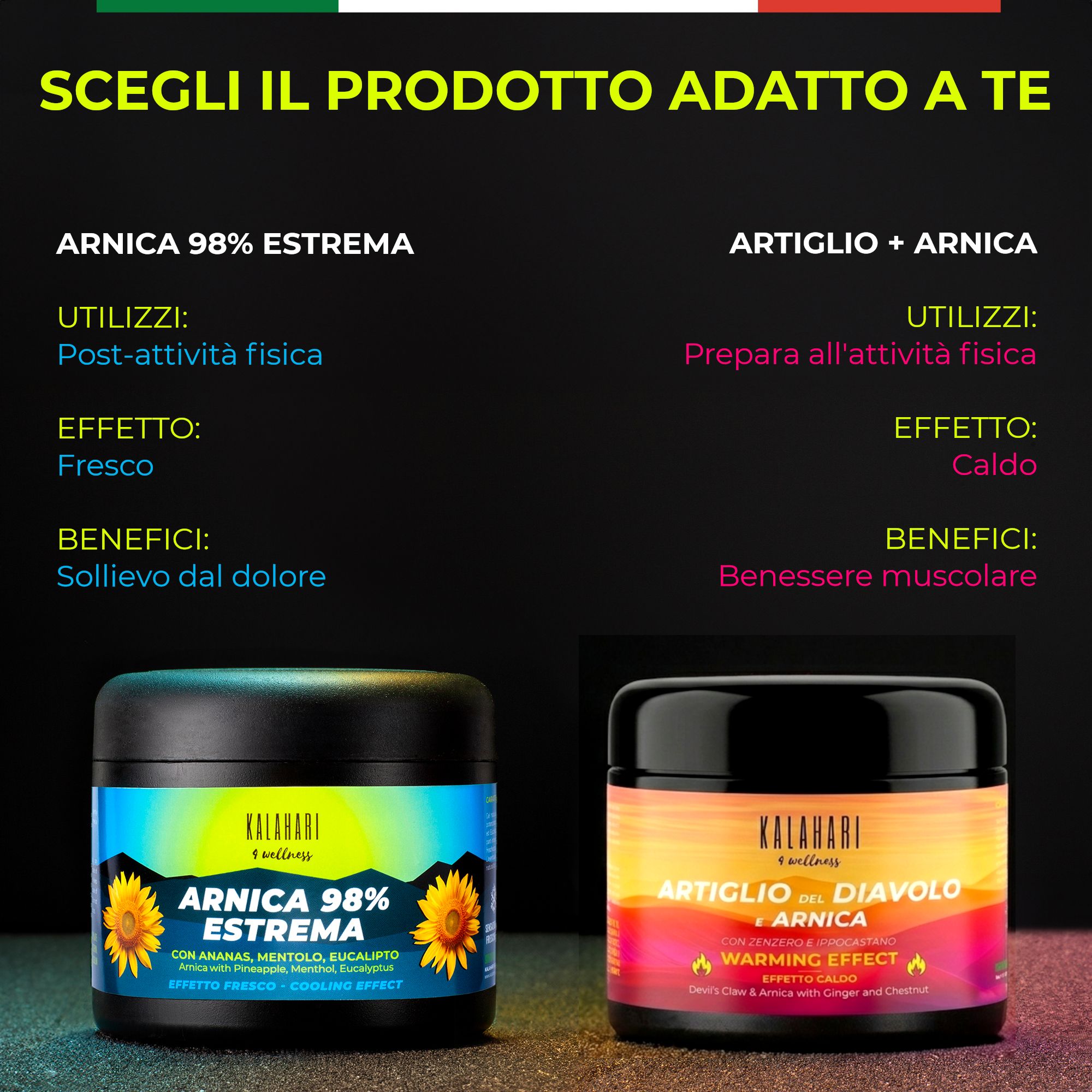 Deux pots : Arnica 98% Extrema (frais) et Griffe du diable + Arnica (chauffant).