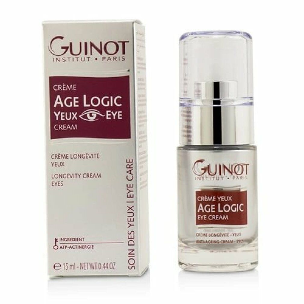 Guinot Age Logic oogcrème met verpakking. Witte doos en transparante fles. Rode strook met tekst.
