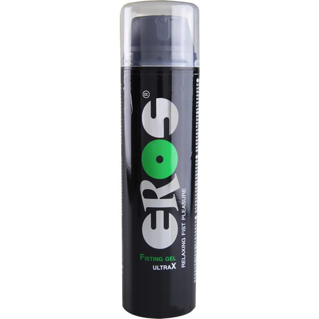 Flacon noir avec logo "EROS" blanc et point vert. Texte "Fisting Gel Ultra X". Bouchon transparent.