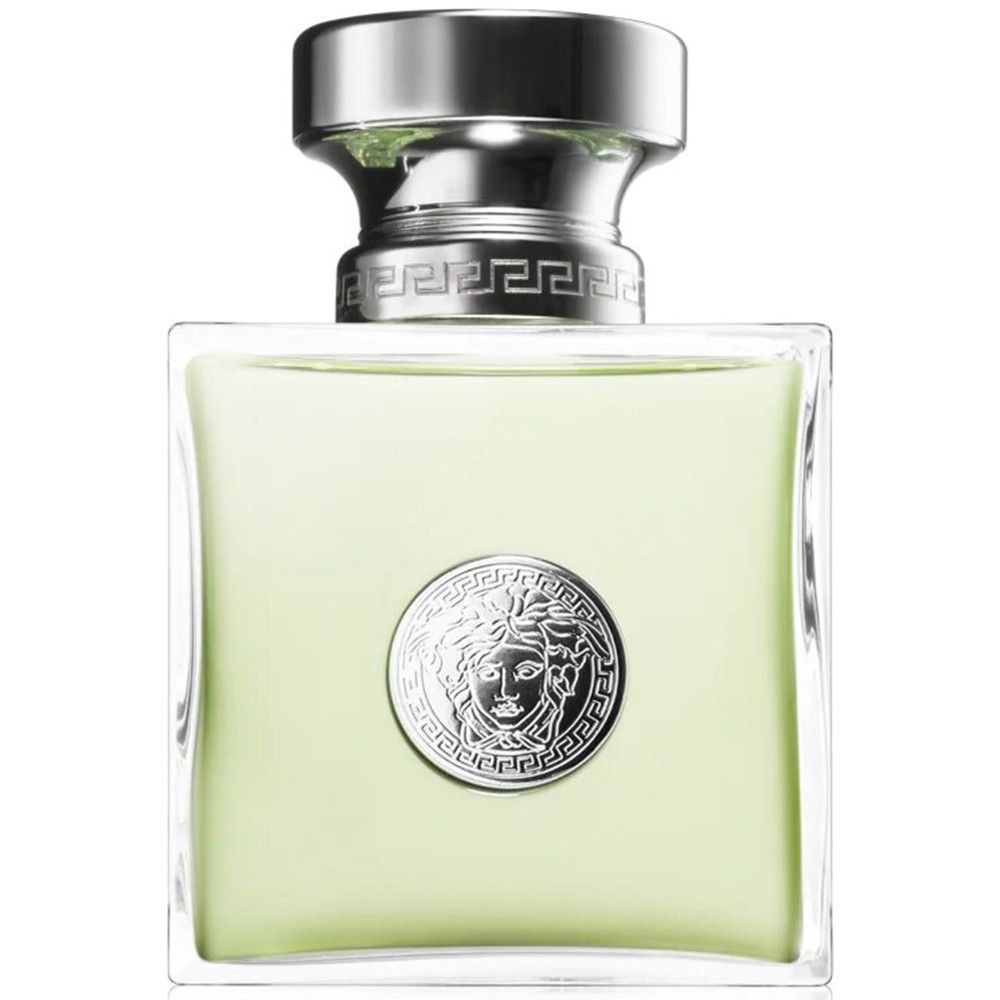 Versace Versense Eau de Toilette Spray. Flacon carré avec bouchon argenté et logo.