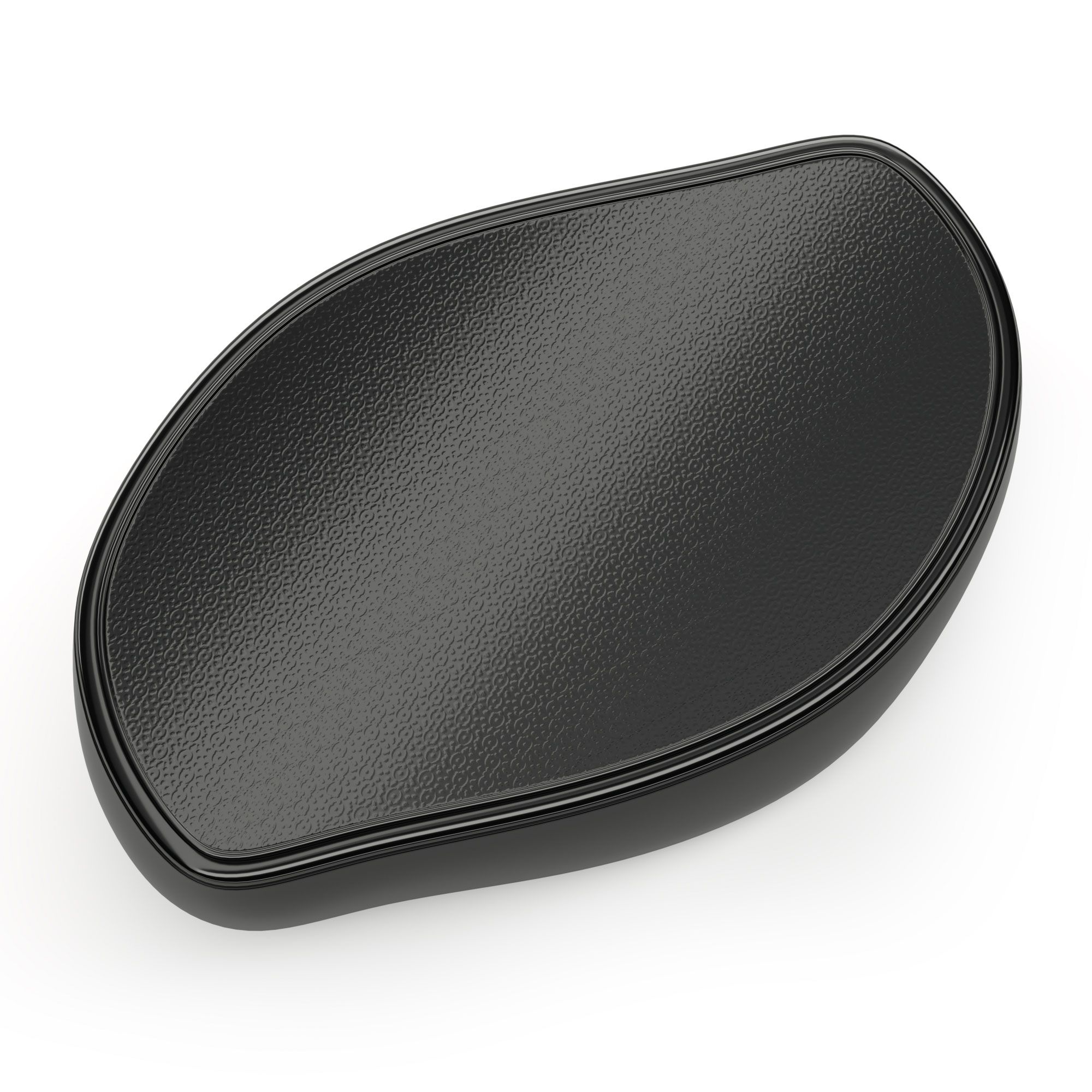 Appareil noir ovale avec surface texturée et bords arrondis.