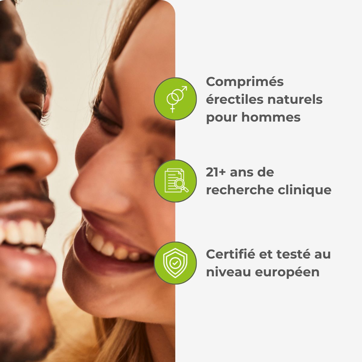 Visages d'un homme et d'une femme. Texte : Comprimés érectiles naturels pour hommes. 21+ ans de recherche clinique.