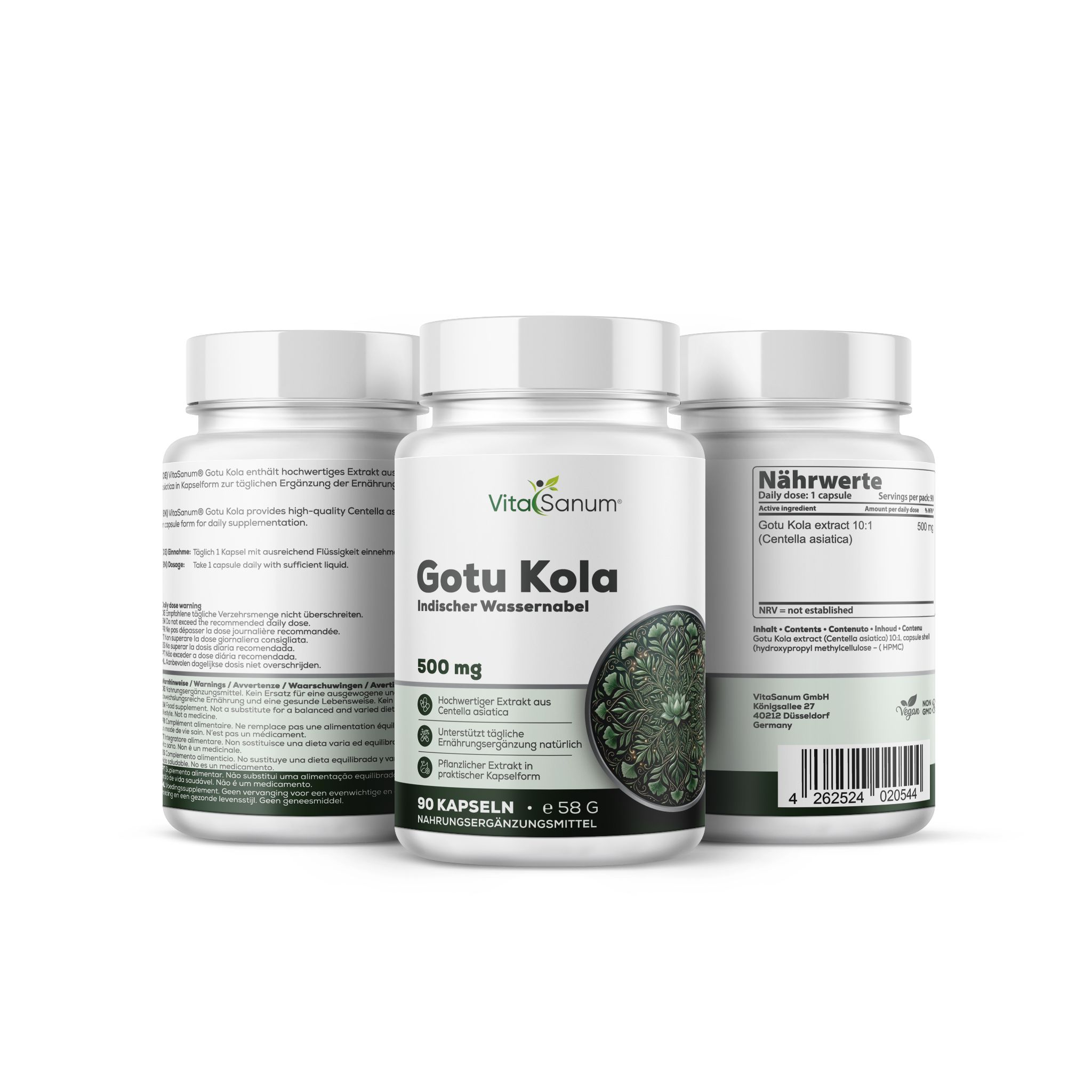 Trois flacons de gélules VitaSanum Gotu Kola: Vue de face avec informations produit et deux vues latérales.