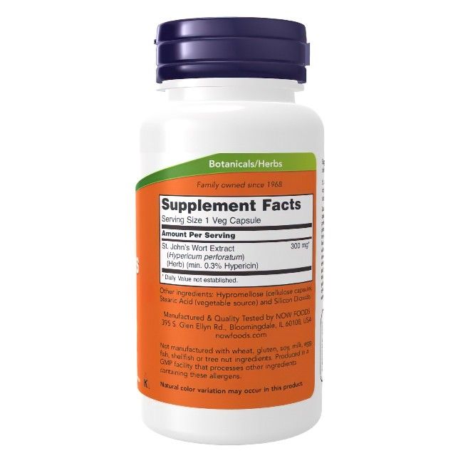 Flacon blanc avec bouchon bleu. Étiquette avec texte: Supplement Facts, St. John's Wort Extract, 300 mg, 1 capsule. NOW Foods.