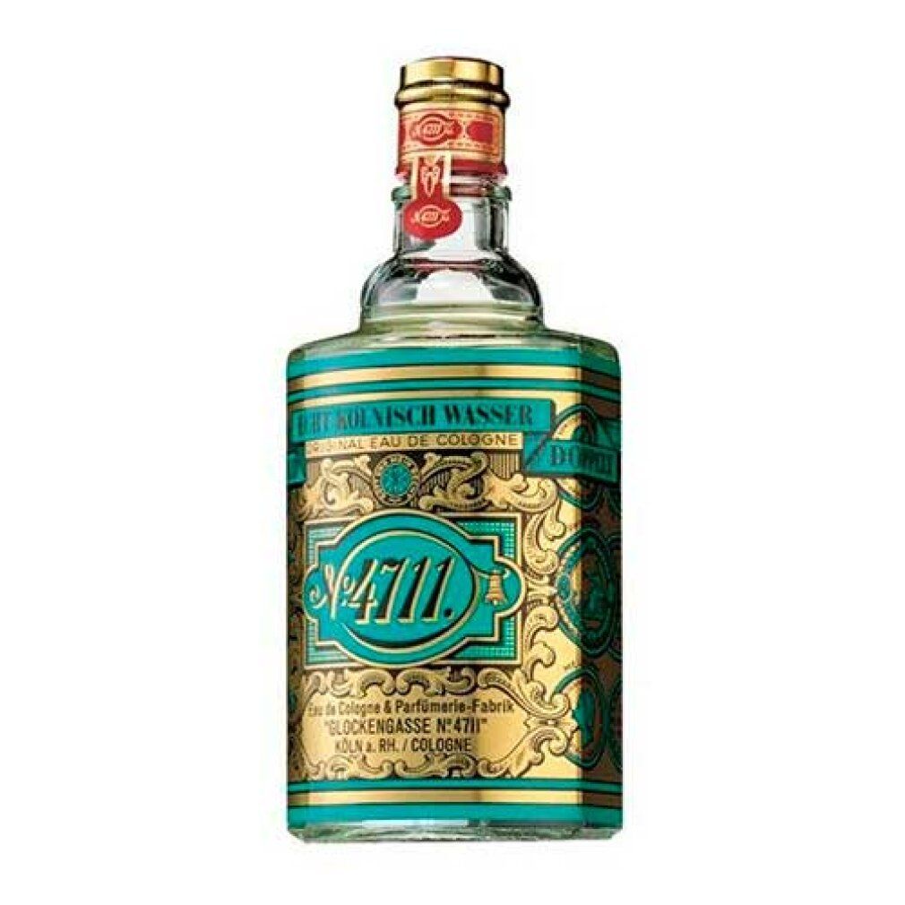 Flacon en verre de 4711 Eau de Cologne avec bouchon doré et étiquette. L'étiquette indique "Echt Kölnisch Wasser" et "No. 4711".
