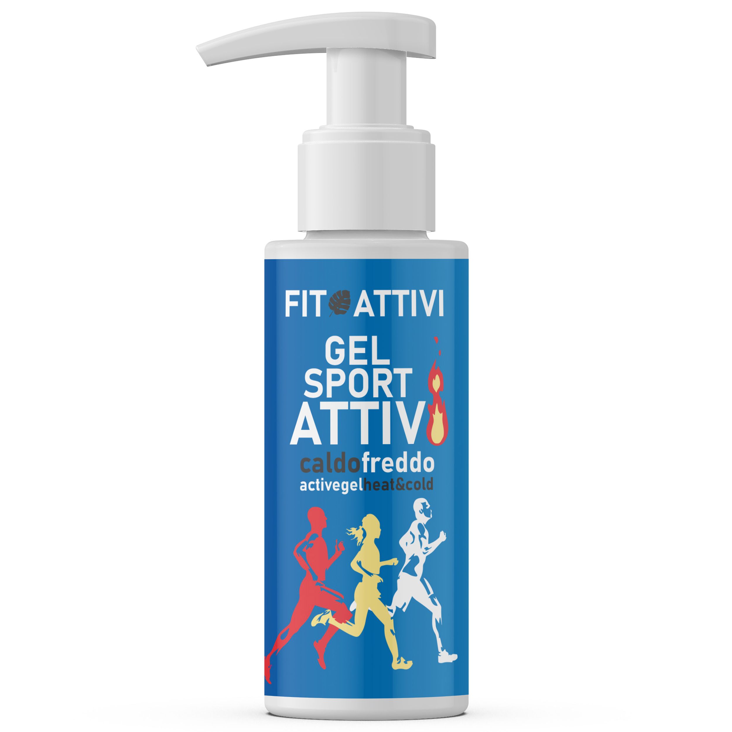 Flacon de Fitoattivi Sportgel effet chaud et froid. Tête de pompe blanche. Étiquette avec coureurs. Texte: caldo freddo, activegel heat&cold.